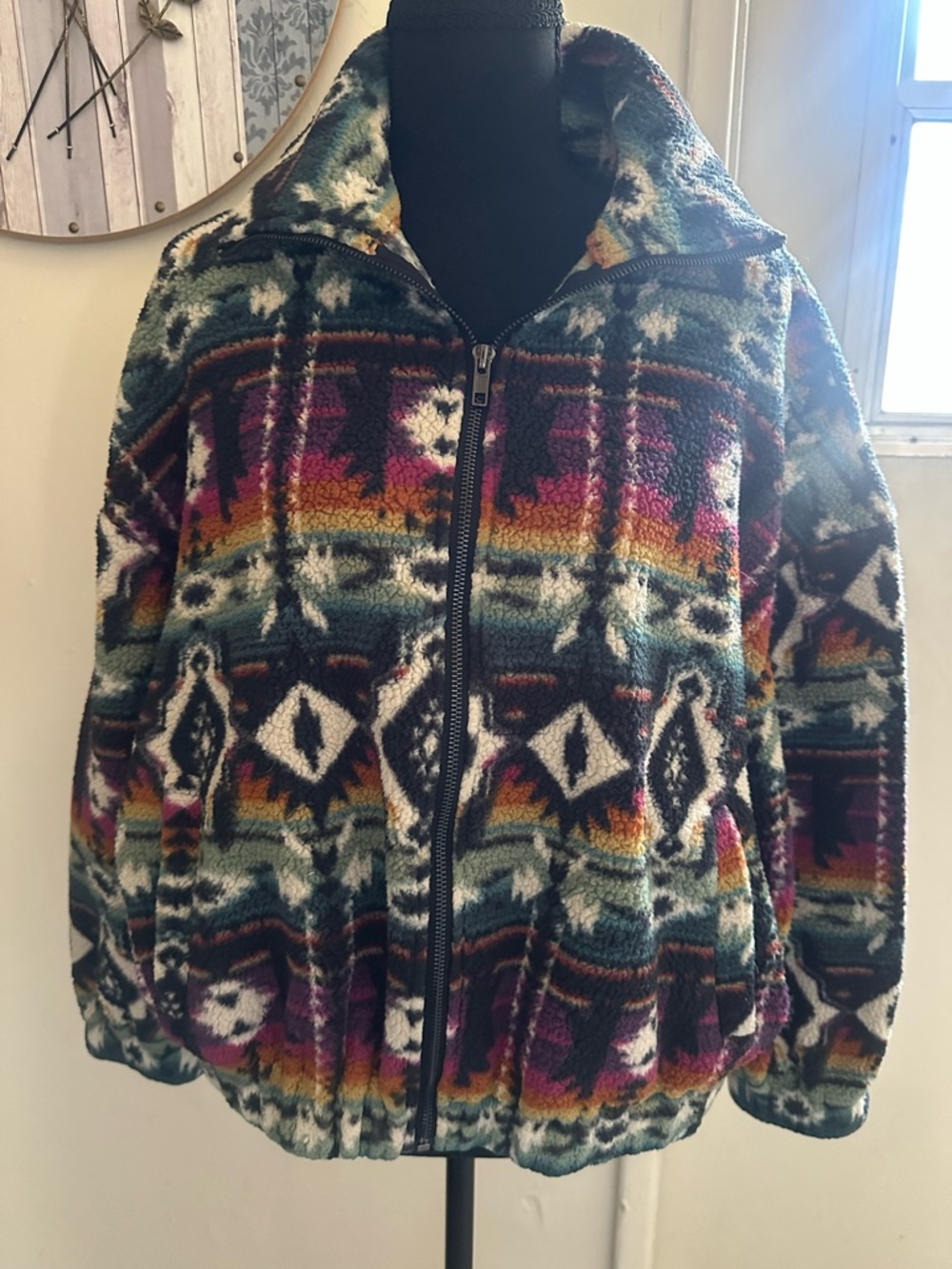 Plush Aztec Print Zip-Up Jacket - Multicolor
